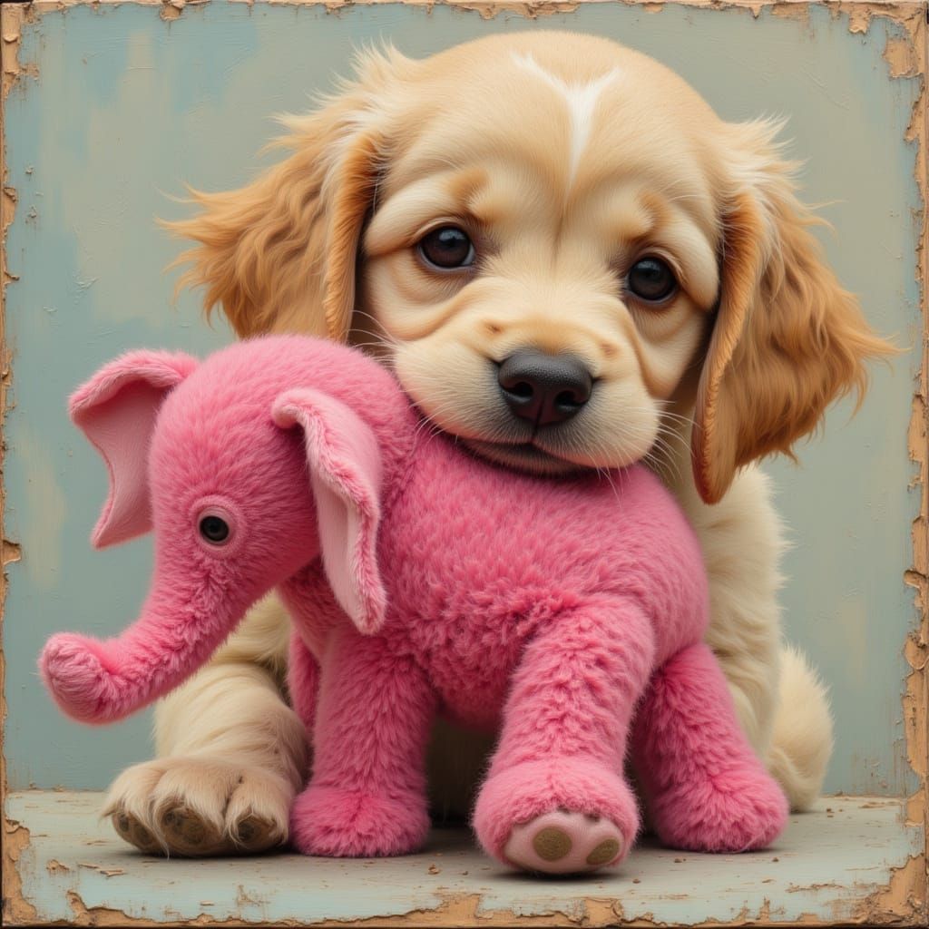cute fluffy dog with pink elephant chew toy