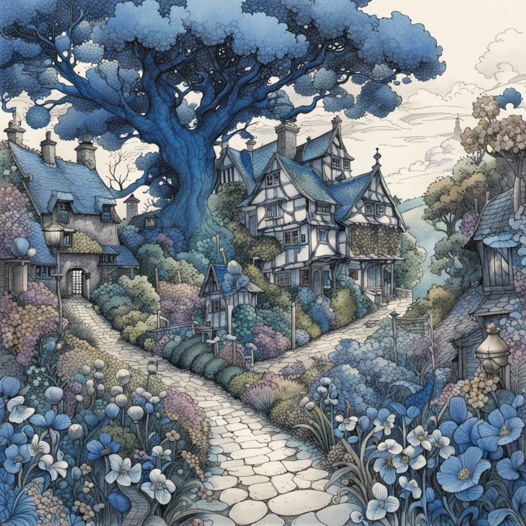 Countryside Village: Art Nouveau Blue Ink Illustration