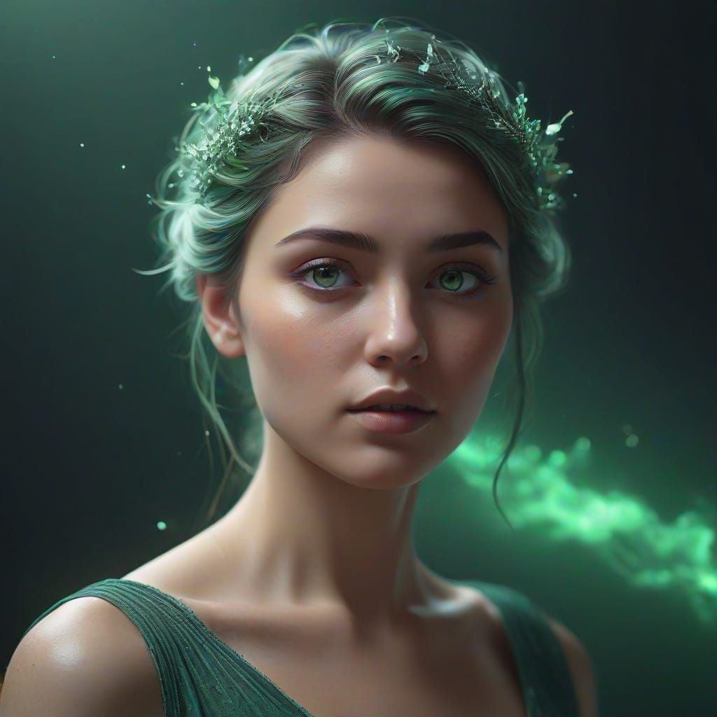 Ethereal Woman with Celestial Hairpiece and Neon Green Eyes
