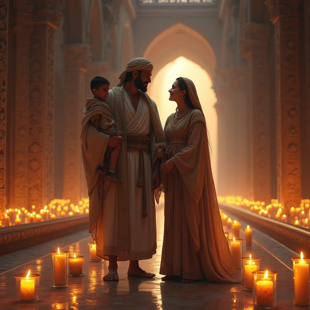 Serene Temple Interior with Family in Golden Light