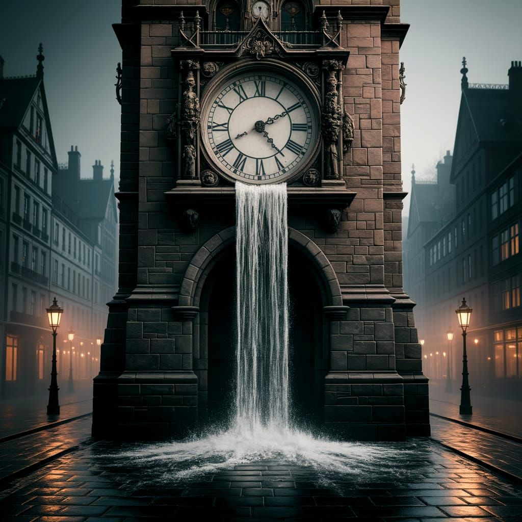 Gothic Clocktower Waterfall in Cinematic Lighting