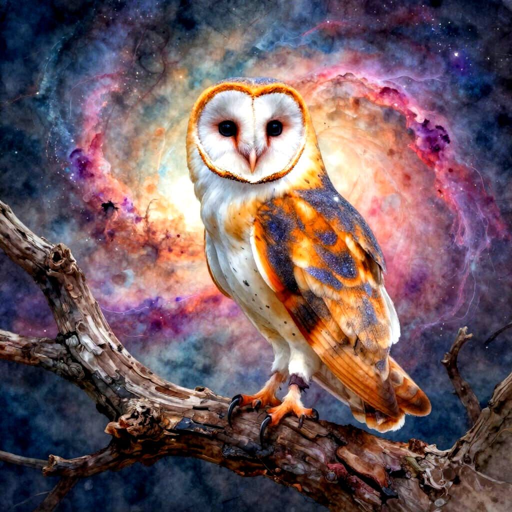 Majestic Barn Owl on Stardust Branch Amidst Vibrant Nebula