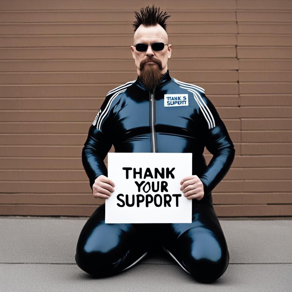 Overweight Punk in Latex Catsuit Holding Sign