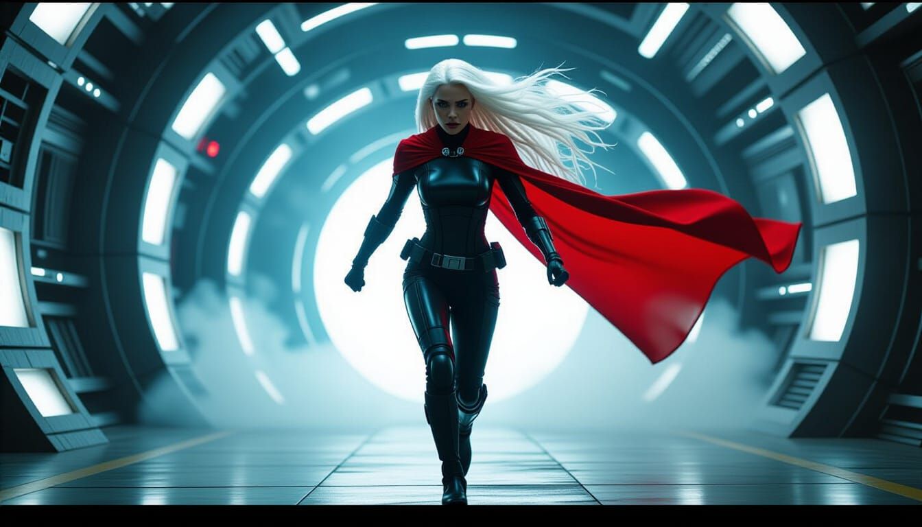 Cybernetic Woman in Red Cape, Cinematic Film Still