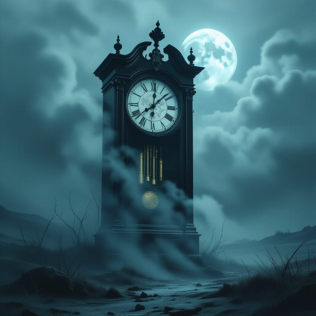 Mystical Grandfather Clock in Desolate Moonlit Landscape