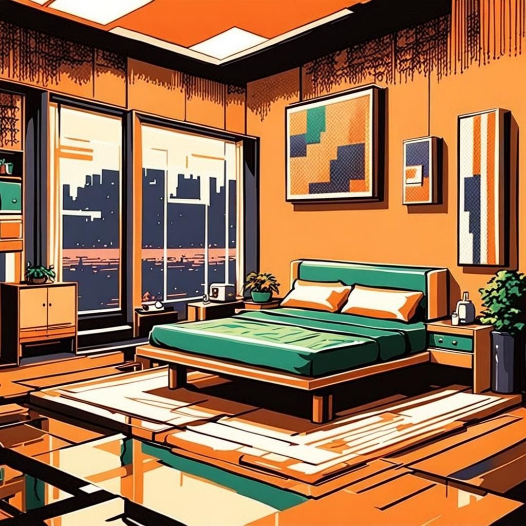Retro 8-Bit Pixel Bedroom in 1970s Style