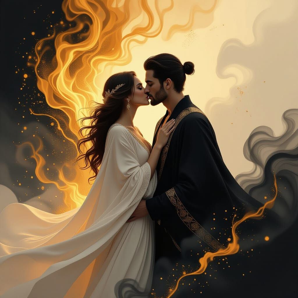 Figures Kissing in Golden and Black Flames