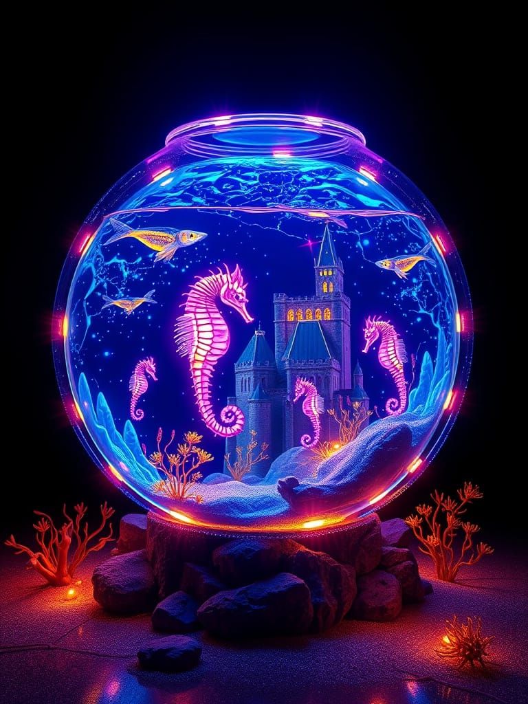 Hyperrealistic Futuristic Bioluminescent Aquarium Scene