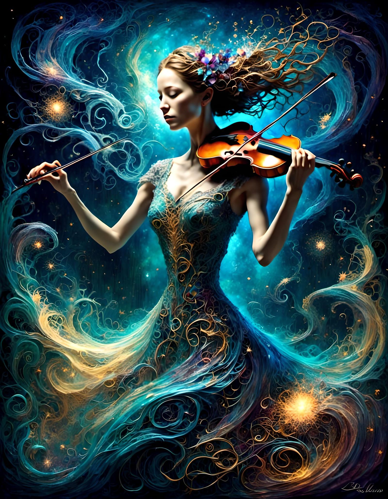Music Goddess Vanya Plays Violin in Impressionist Style