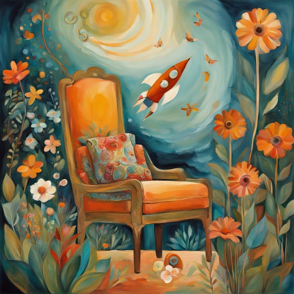 Whimsical Garden Scene with Rocket Launching in the Distance...