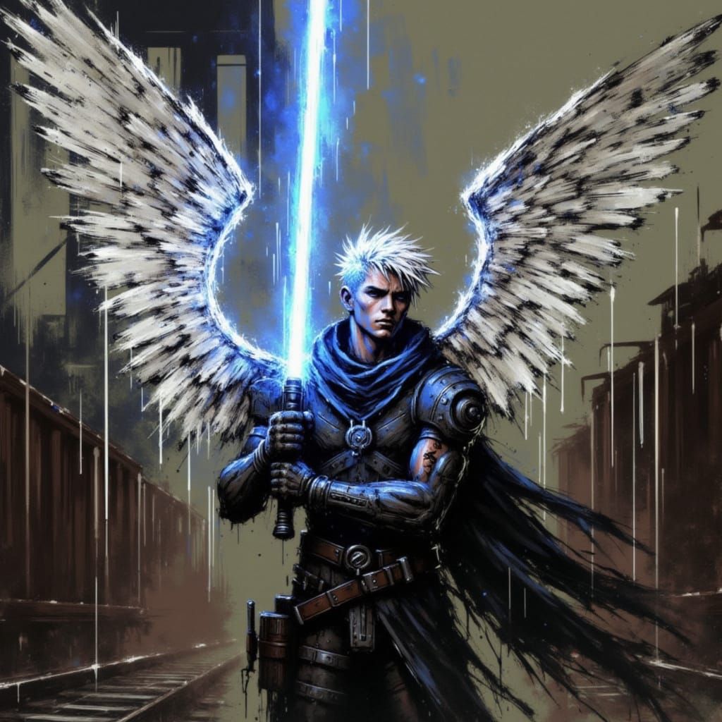 Steampunk Angel with Lightsaber in Gritty Train Yard
