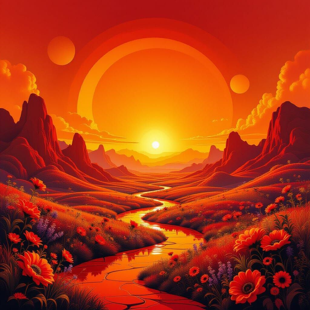 Surreal Orange Landscape in Psychedelic Art Style