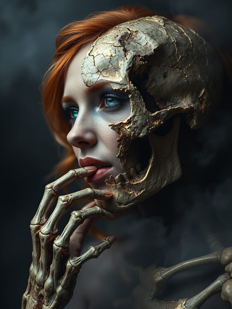 Ginger Woman Morphing Into Skeleton with Gold Leaf Cracks