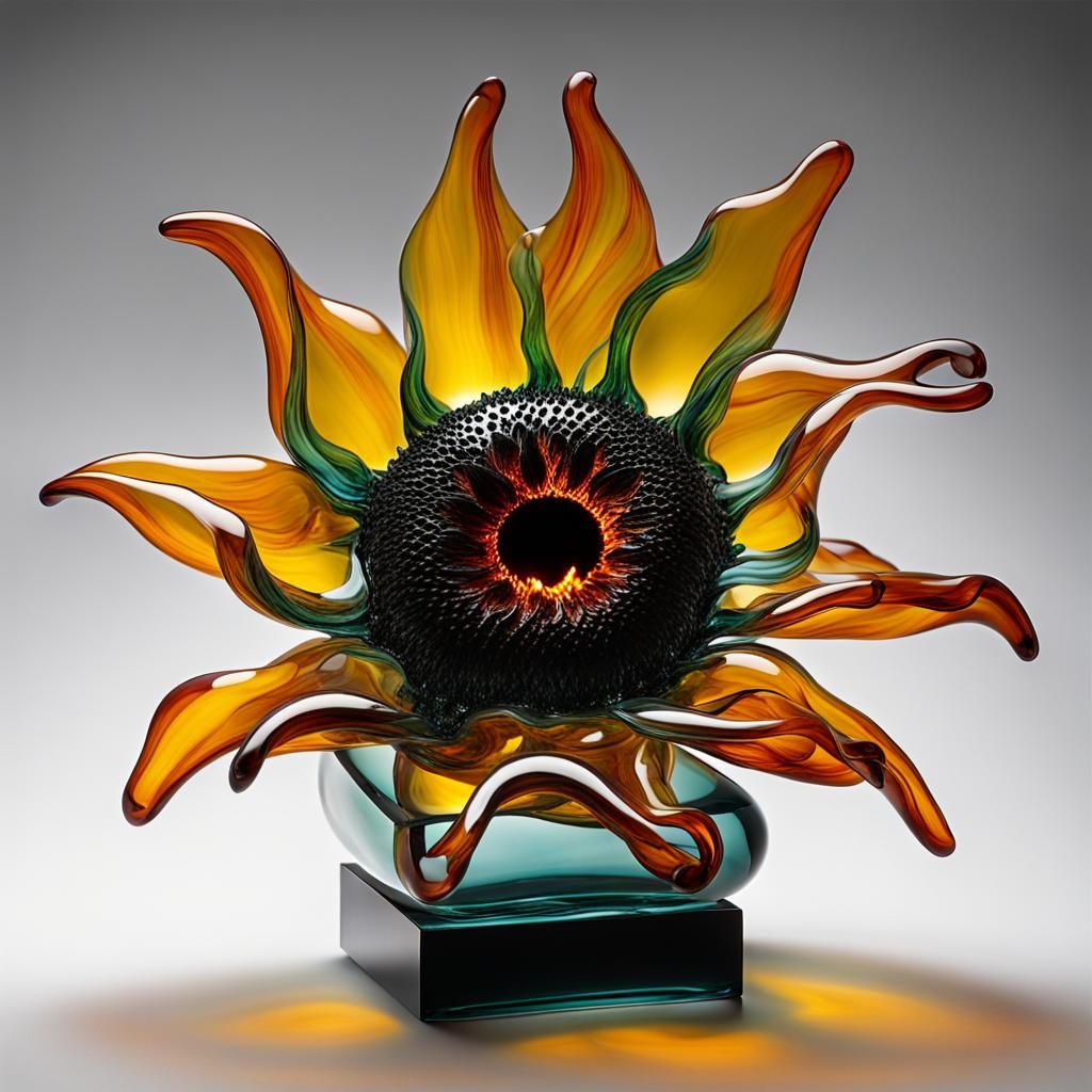 Blown Glass Sunflower Sculpture with Fire