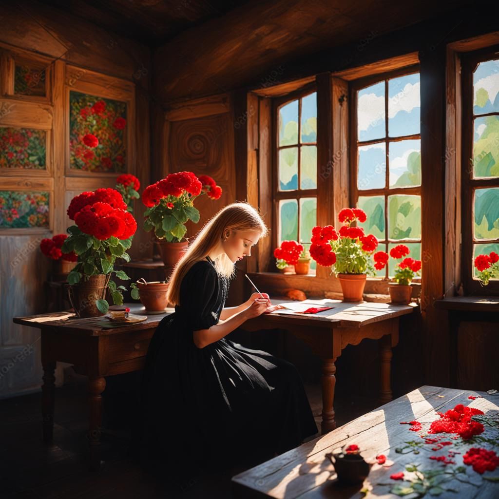Teenager Embroidering in Fauvism Style