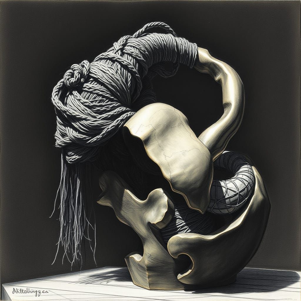 Charcoal Sculpture of Textile, Bronze, and Organic Forms