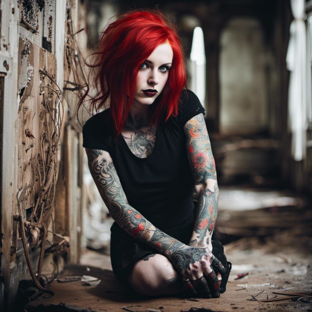Gothic Tattooed Girl with Red Hair in Old House
