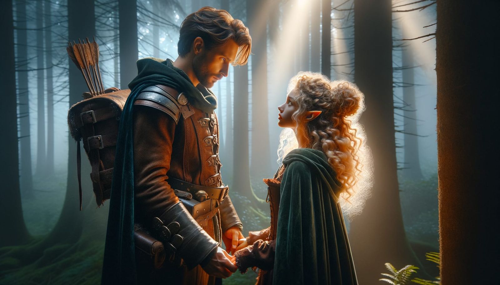 Ranger and Elf Walking in Foggy Forest