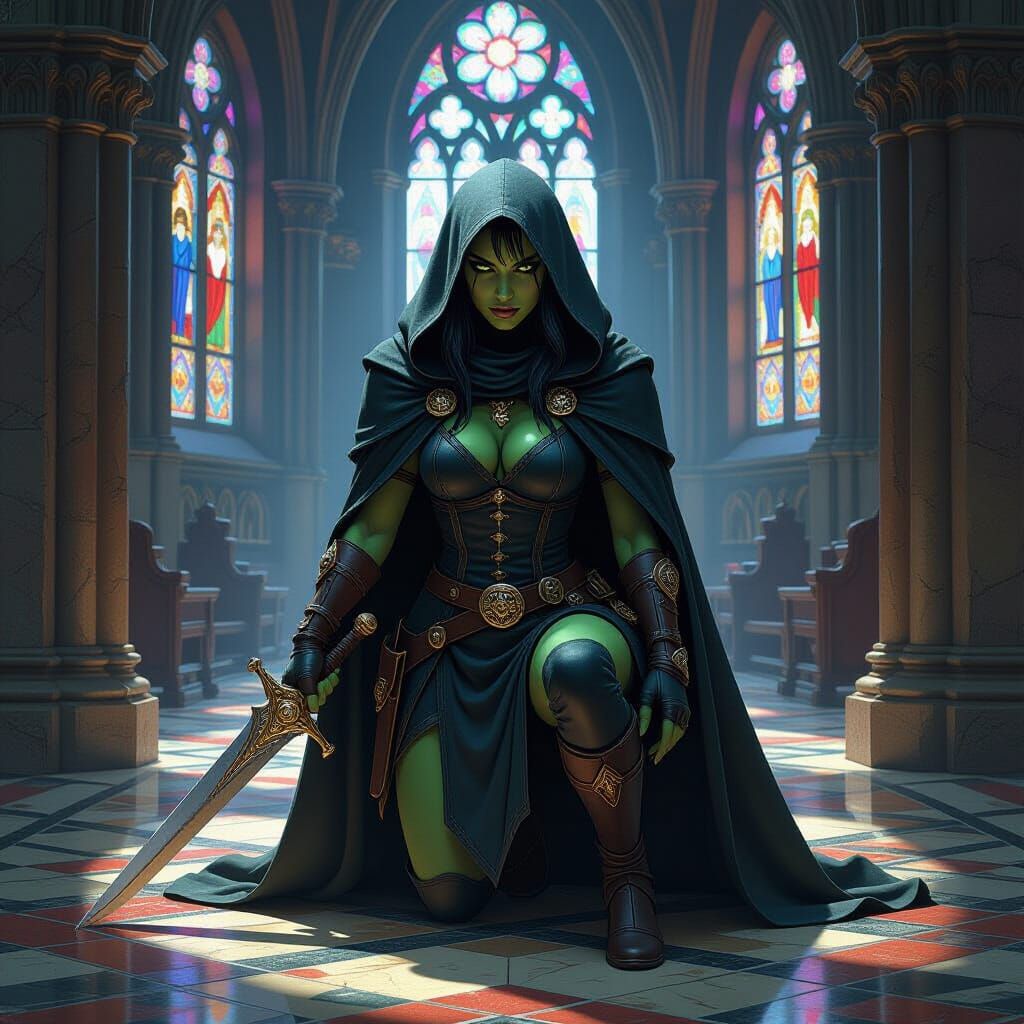 Half-Orc Rogue in Cathedral Shadows: A Dark Fantasy Portrait
