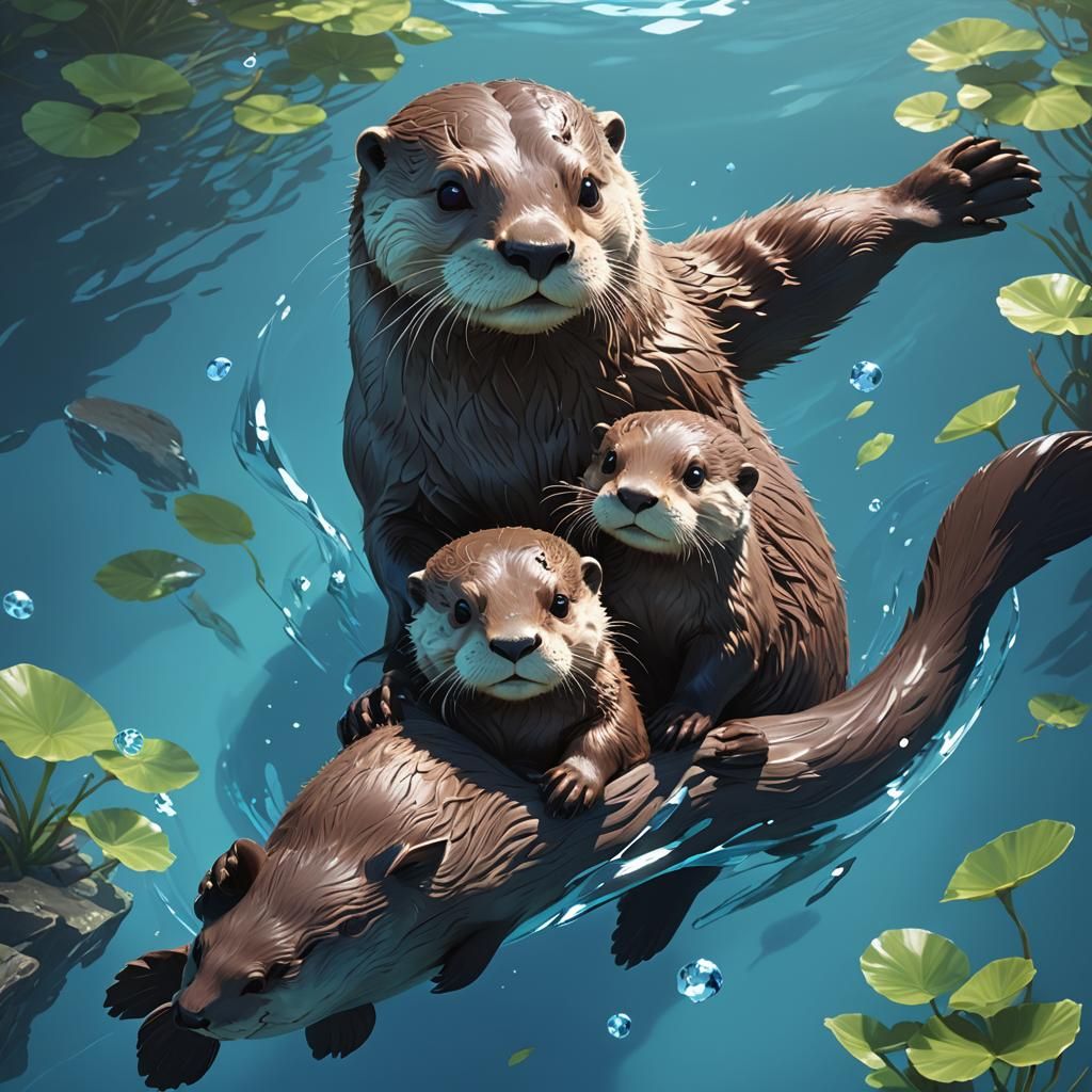 Otter Mom and Baby in Bioluminescent Water: 3D Anime Art