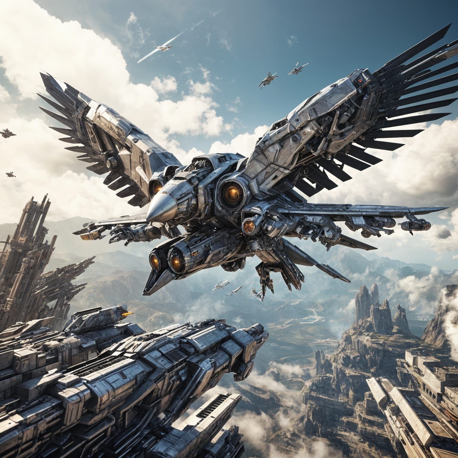Epic Sci-Fi Eagle Soars Amidst Futuristic Warzone