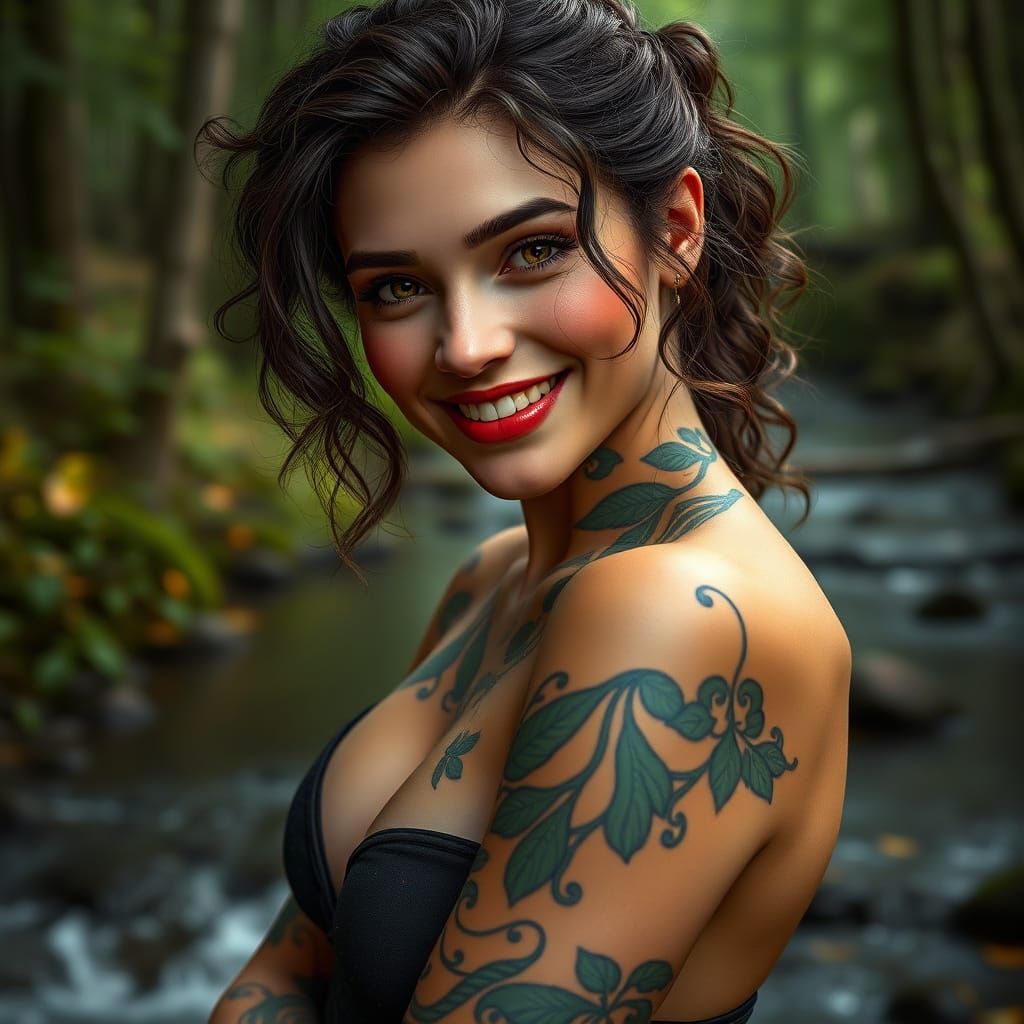 Fantastical Woman Amidst Forest Stream