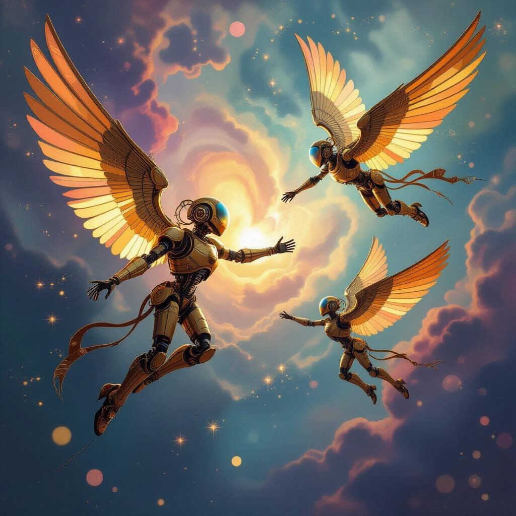 Steampunk Automatons Soar Through Nebula in Art Nouveau Styl...