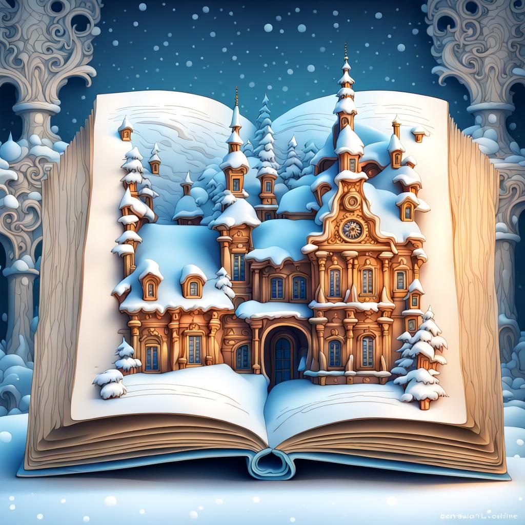 Open Book with Winter Rococo Architecture in 3D