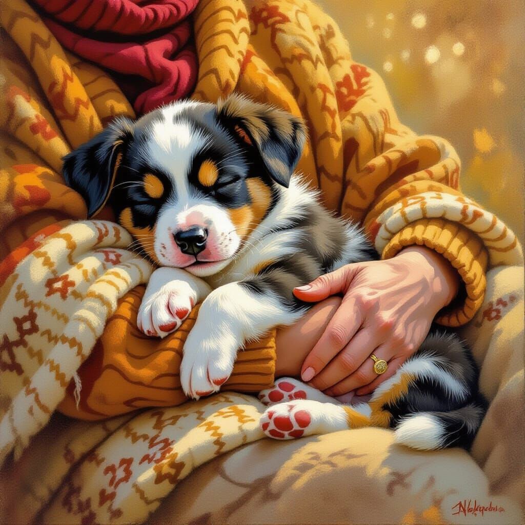 Australian Cattle Dog Puppy in Sentimental Oil Painting