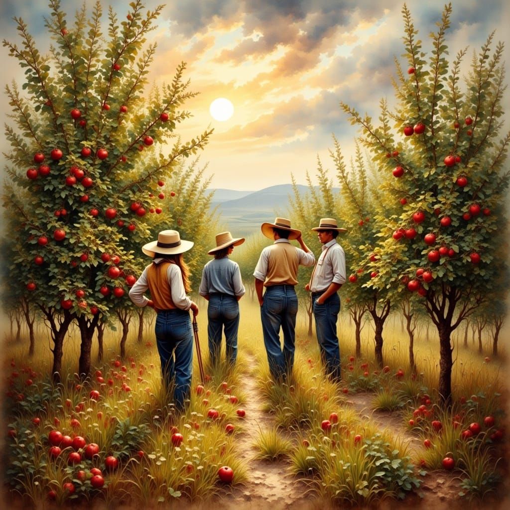 Apple Orchard Workers in Warm Golden Light