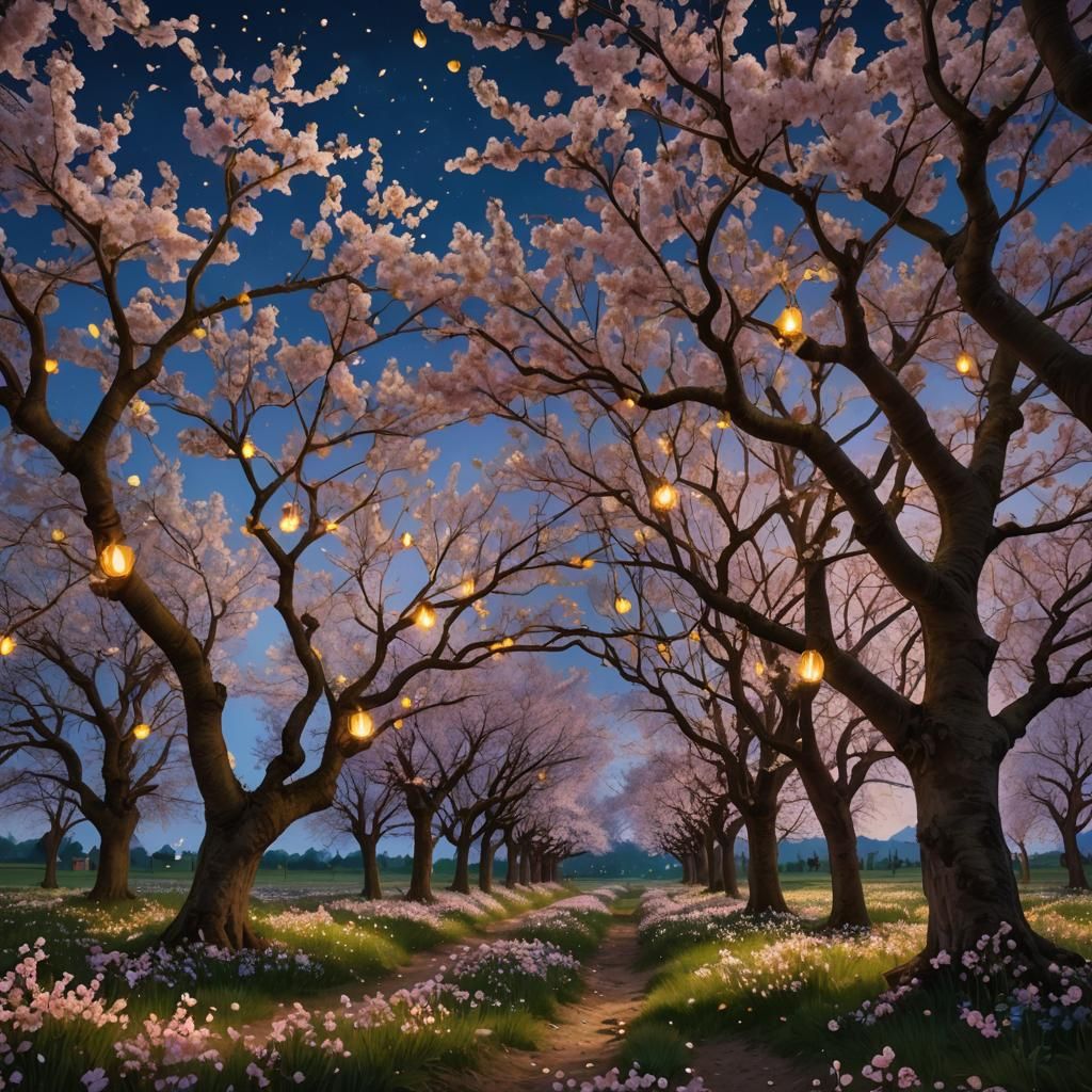Baroque Cherry Blossom Orchard with Fireflies