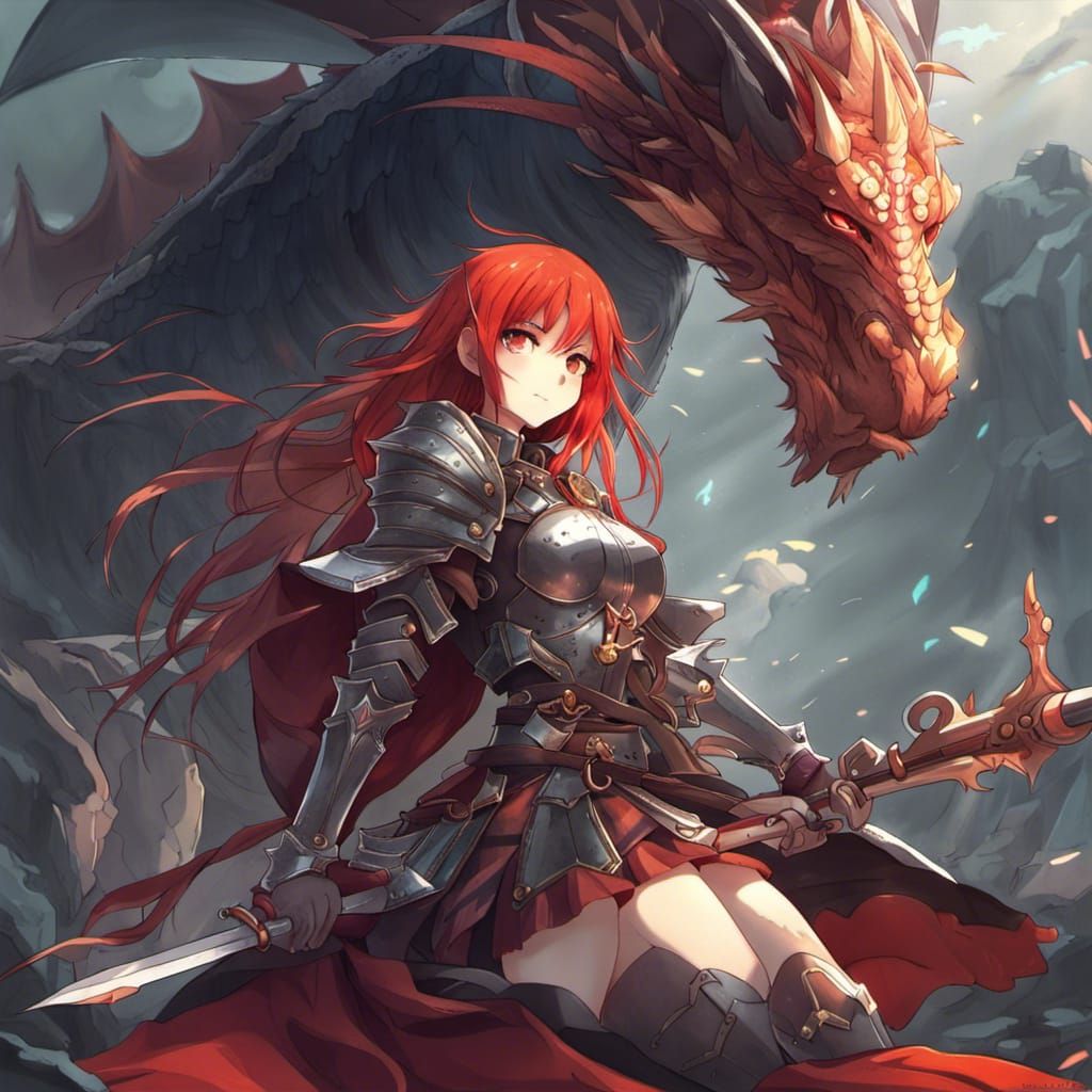 Fantasy Knight with Dragon in Anime Style