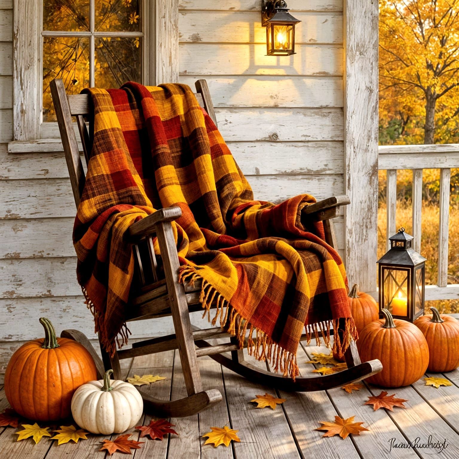 Rustic Porch with Rocking Chair and Fall Blanket