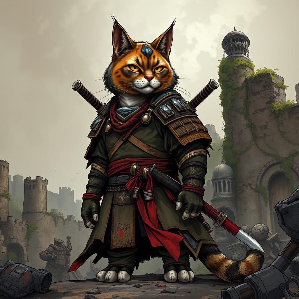 Samurai Cat Stands Amidst Ruins