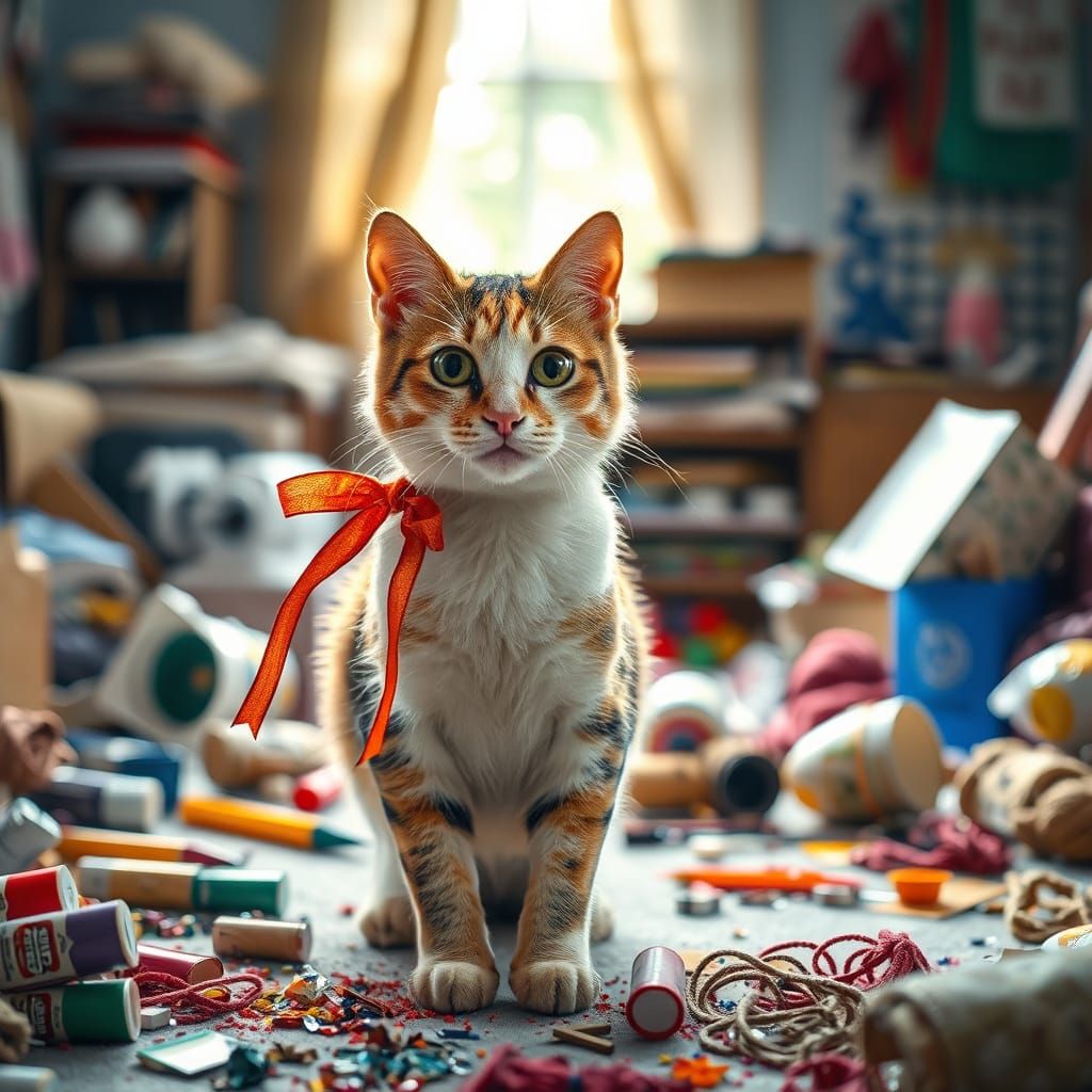 Mischievous Calico Cat in Glittery Craft Chaos
