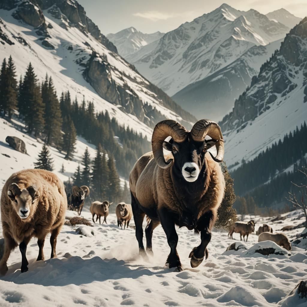 Mountain Ram in Snowy Landscape: Cinematic Film Still