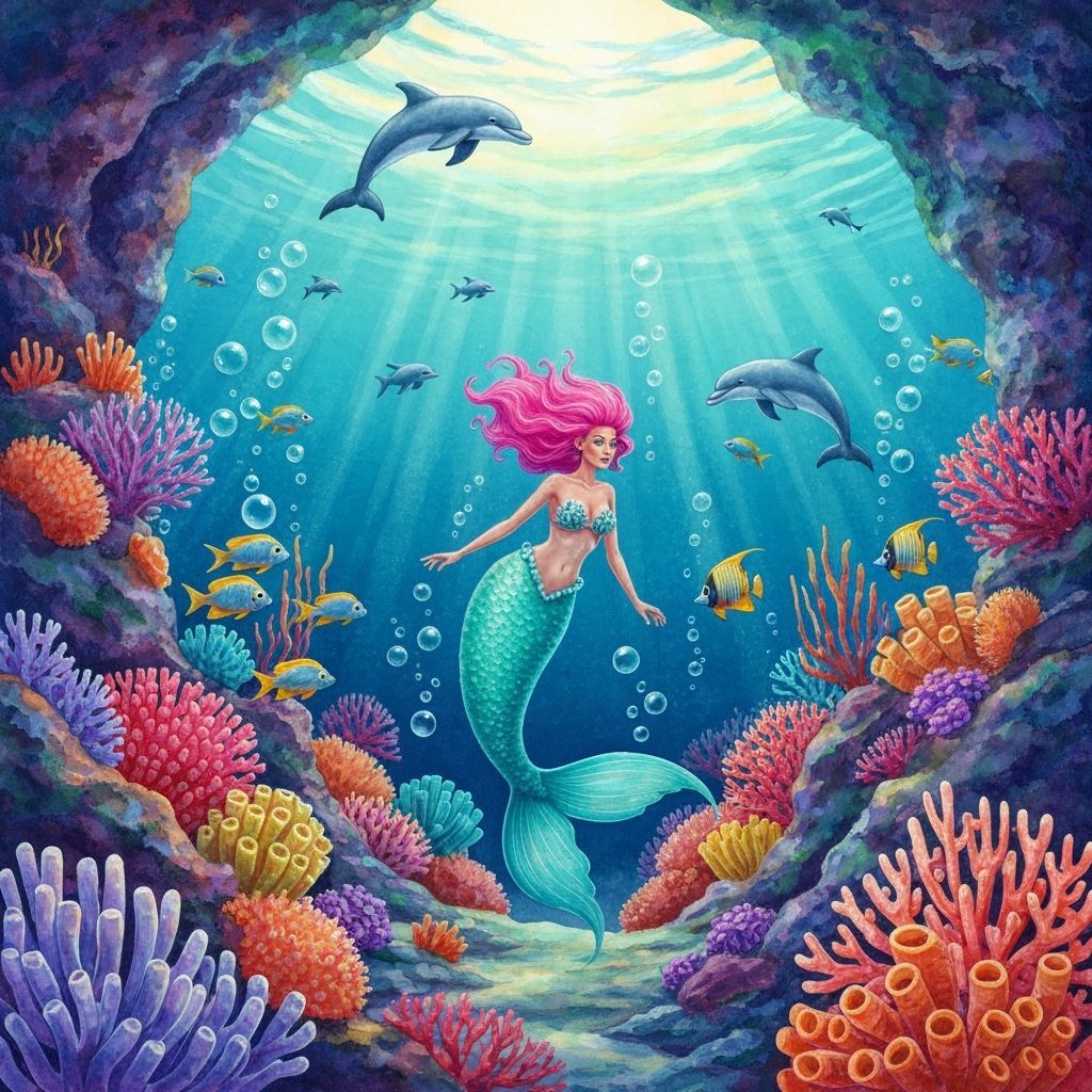 Watercolor Mermaid in Tranquil Coral Reef Scene
