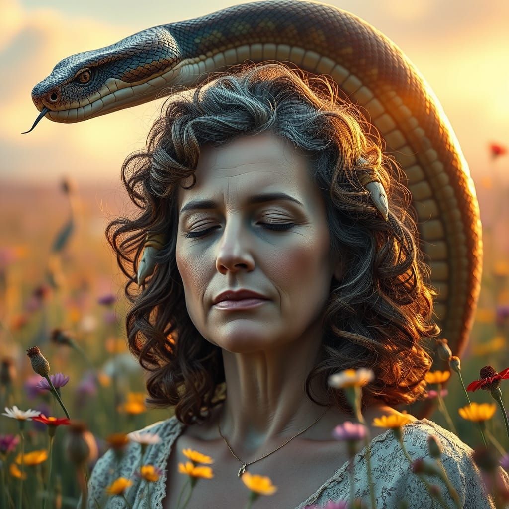 Serenely Meditating Woman Surrounded by Wildflowers and a Pr...