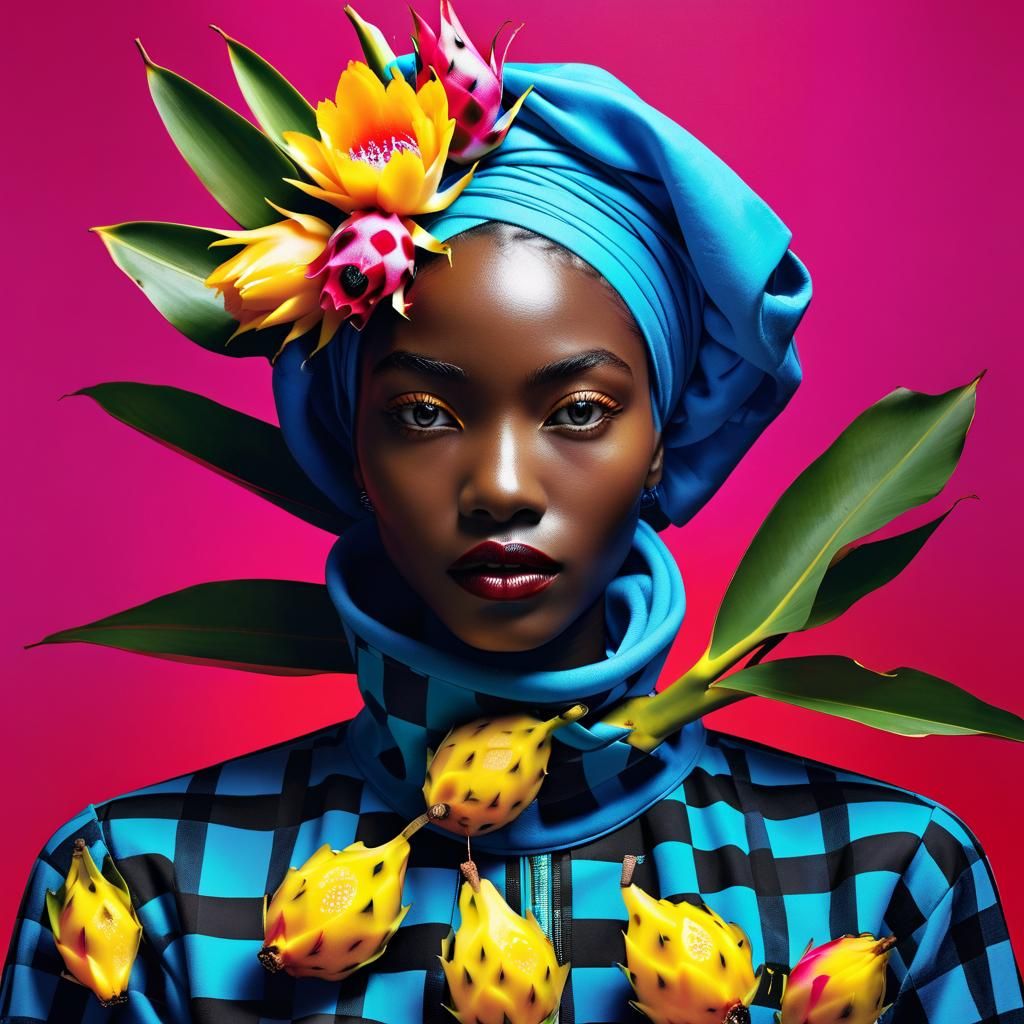 Checkered African Portrait with Dragon Fruit Still Life