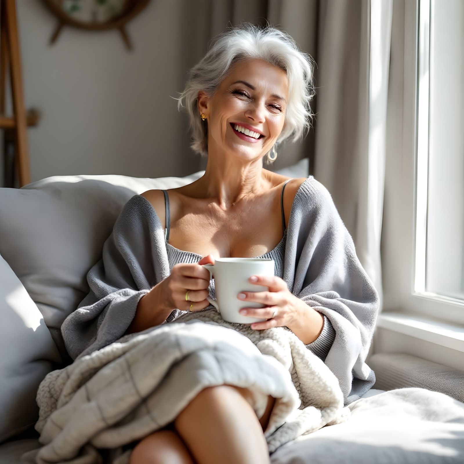 Elegant Woman Basks in Sunday Morning Serenity