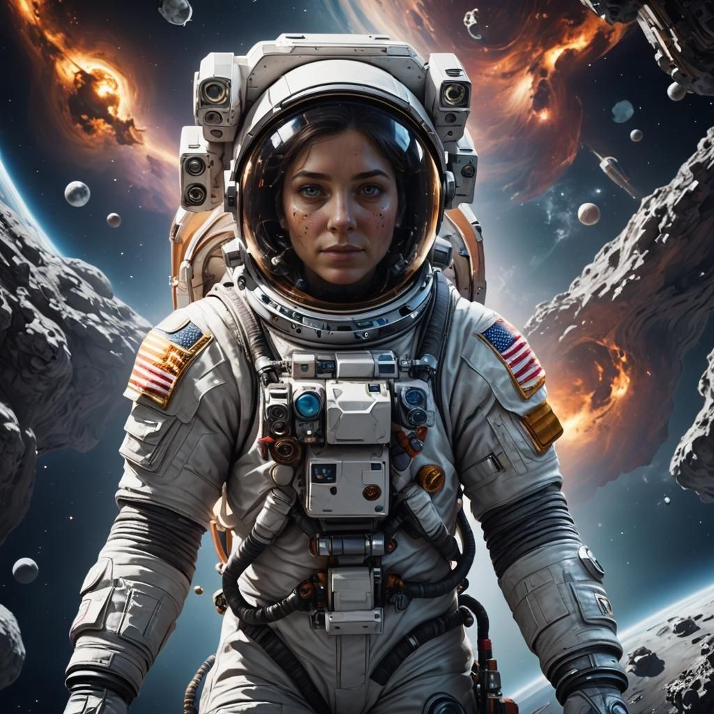 Astronaut Woman in Space: Detailed Matte Painting