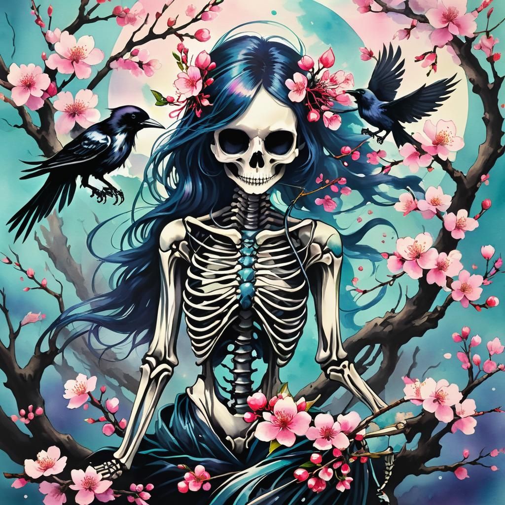 Mermaidpunk Skeleton with Raven in Ink Painting