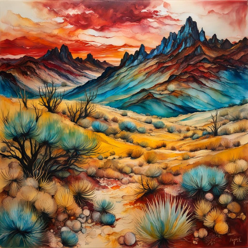 Encaustic Arid Landscape in Van Gogh Style
