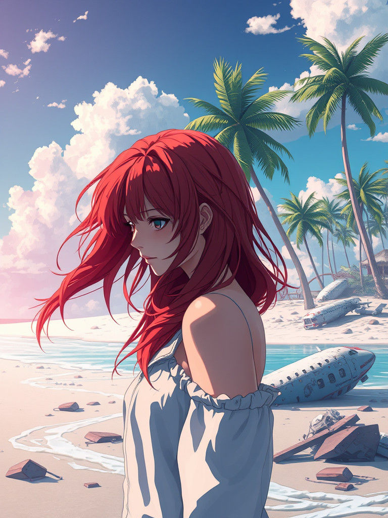 Sad Anime Girl on Island Plane Crash Scene