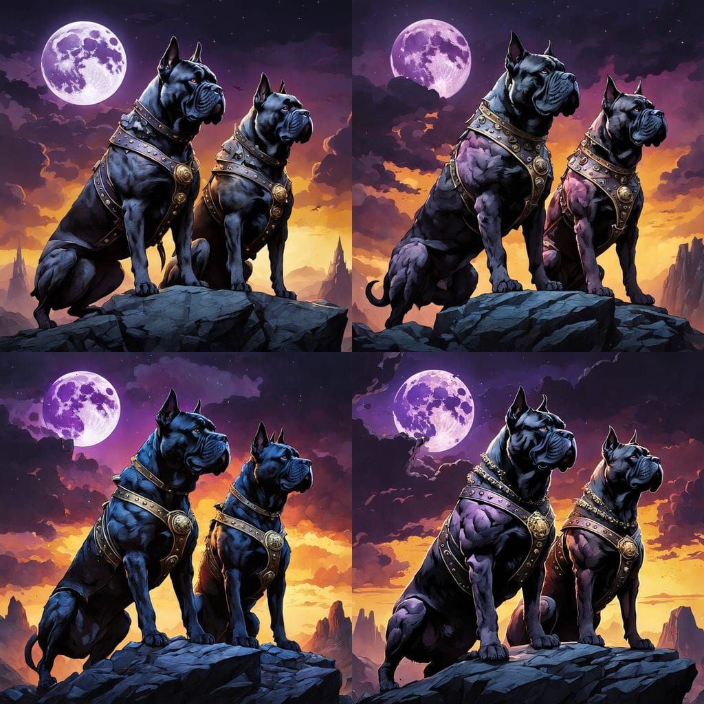 Roman War Dogs Stand Vigilant on a Jagged Rock, Master at th...