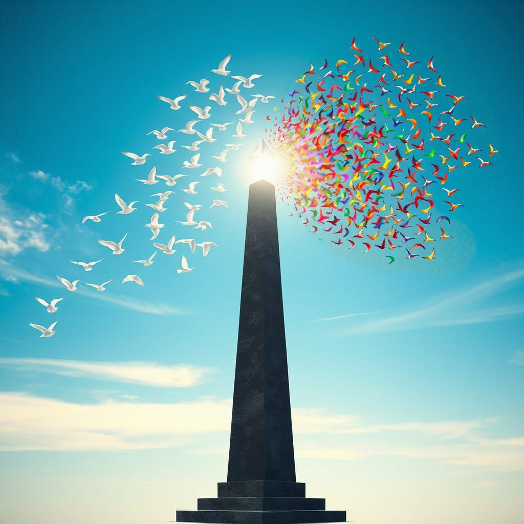 Birds Transform into Rainbow Light Above Obelisk