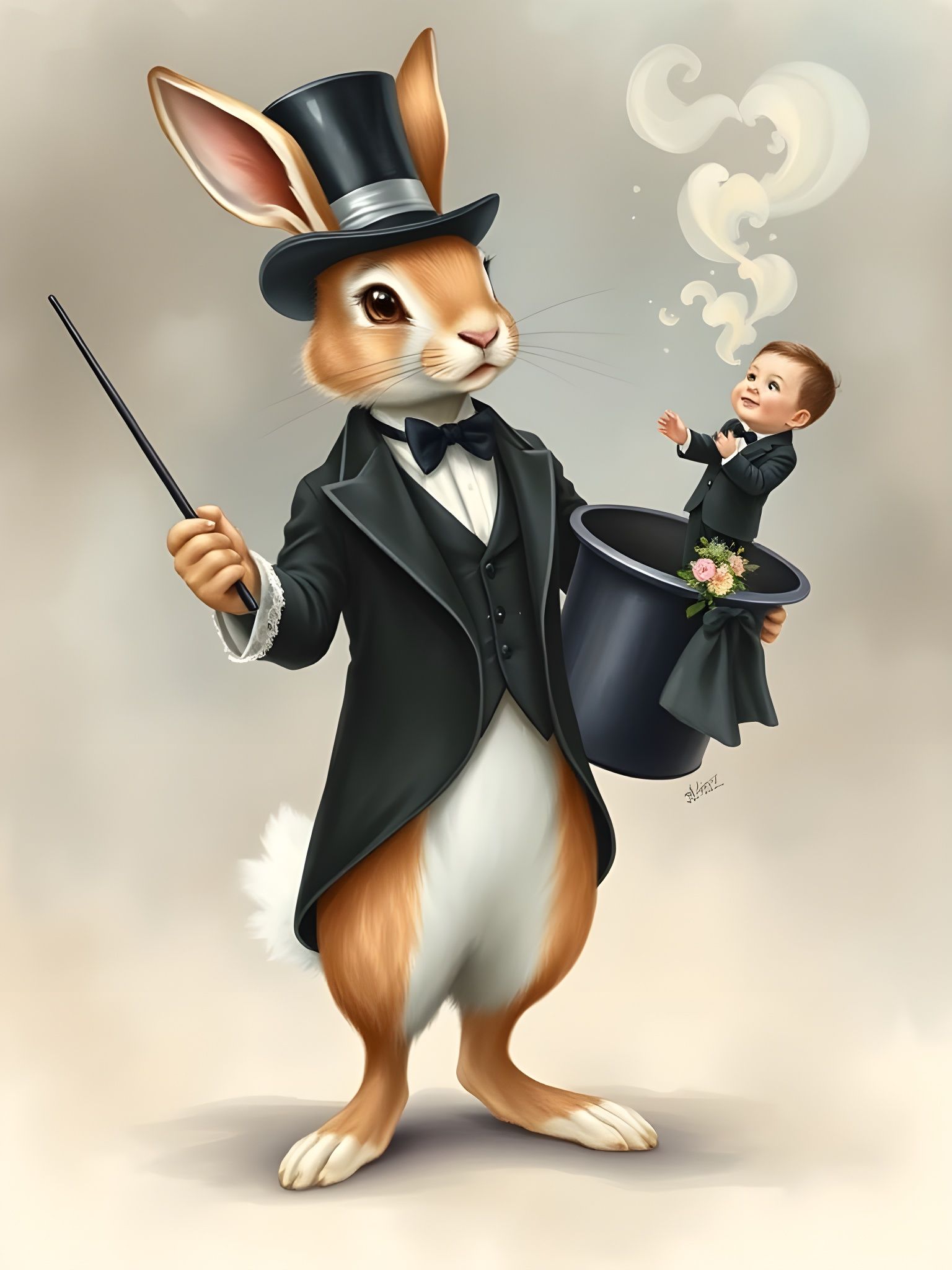 Whimsical Watercolor Scene of a Bunny Magician