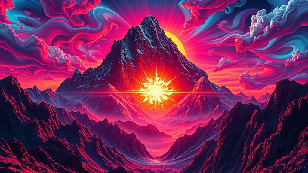 Surreal Sunset on a Glowing, Twisted Mountain Landscape