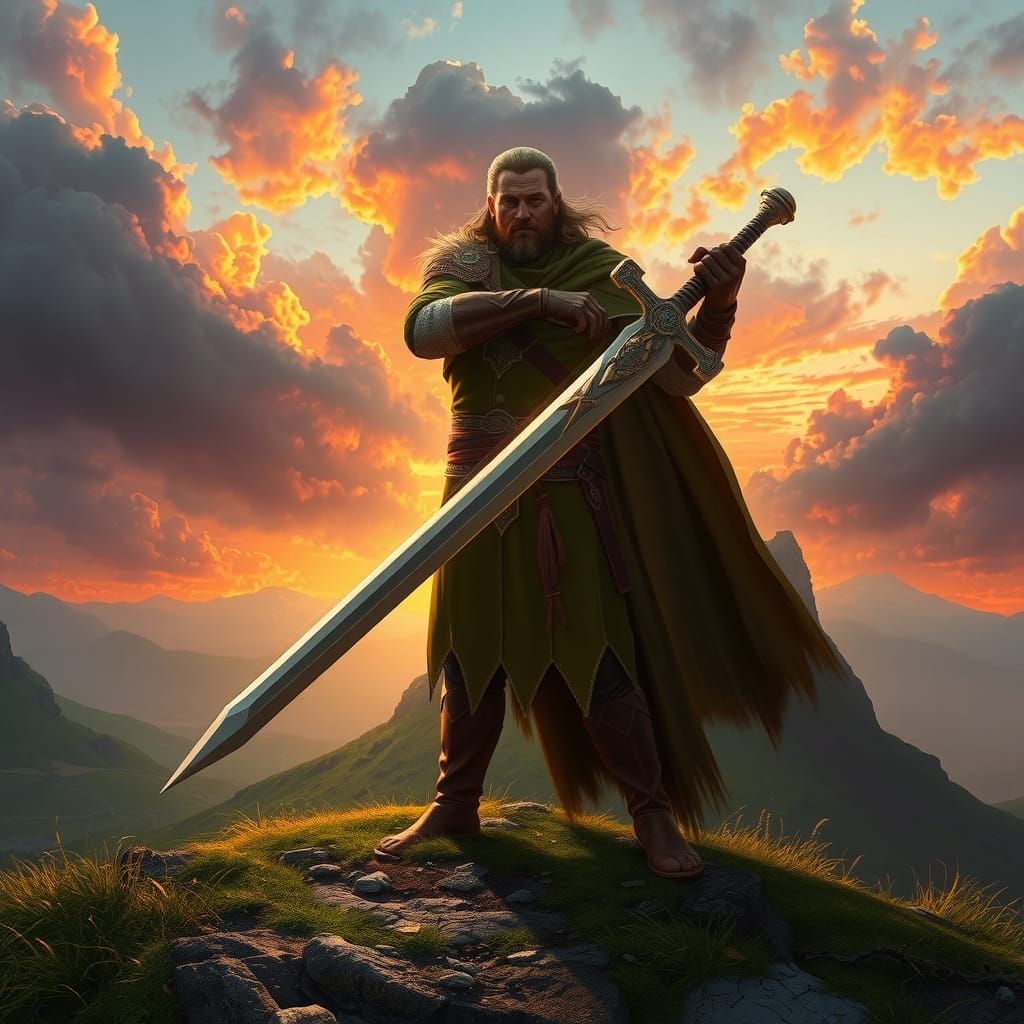 Celtic Warrior Slashing Hills in Dramatic Landscape
