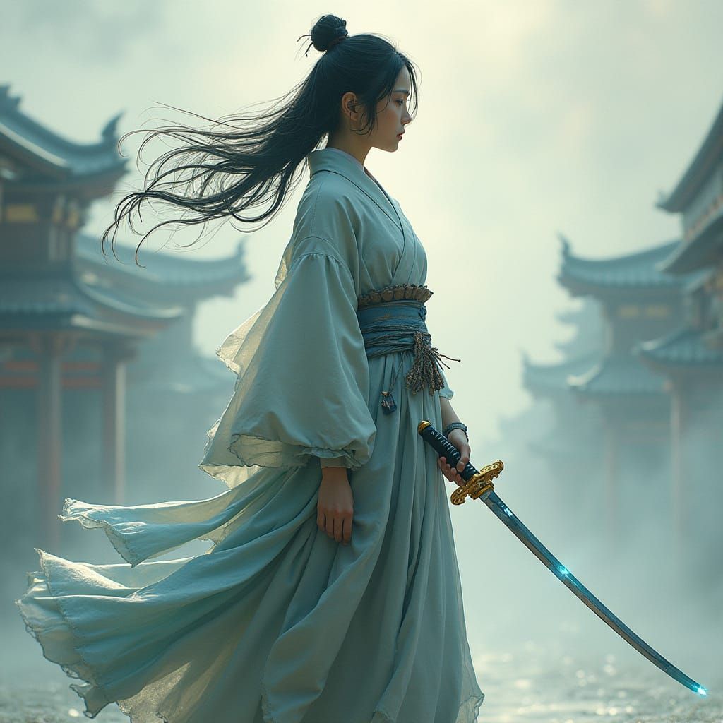 Ethereal Samurai in Misty Japanese Landscape